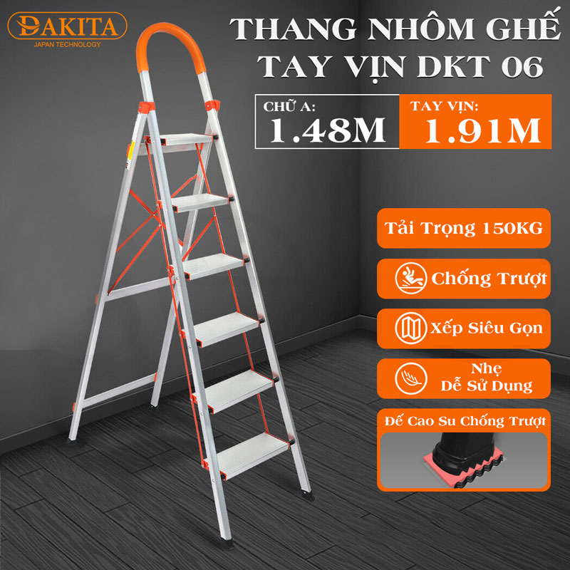 Thang nhôm ghế DAKITA DKT06 – Chữ A 1.48m [NHẸ - DỄ XÀI - BẬC THANG TO]