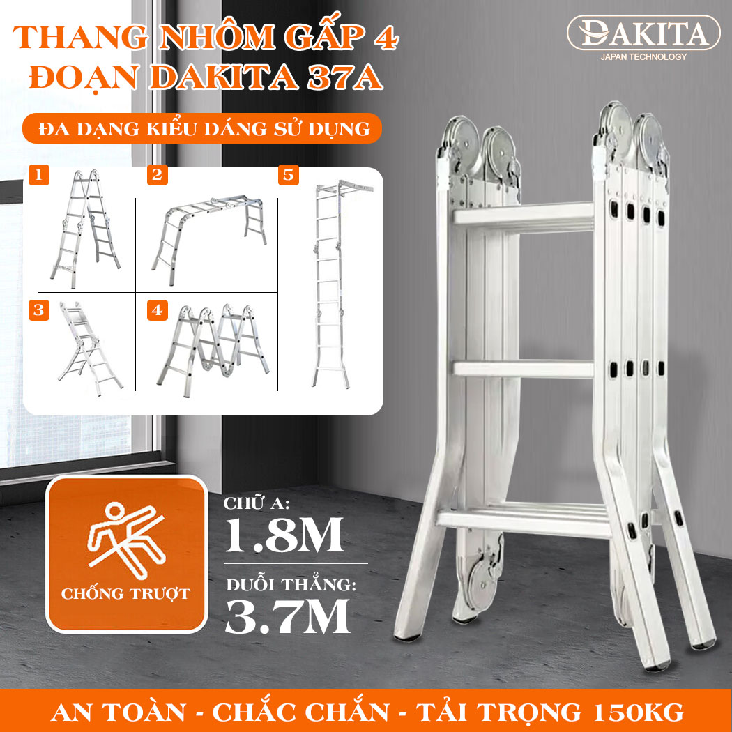 [THANG DÀY SIÊU CỨNG] Thang Nhôm Gấp 4 Đoạn DAKITA DKT37A [GỌN NHẸ DỄ XÀI]