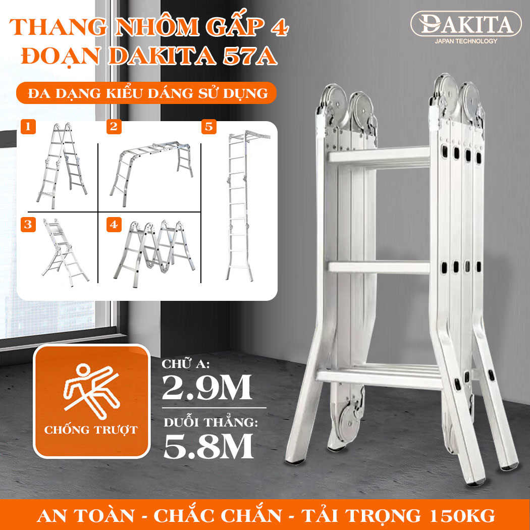 Thang Nhôm Gấp 4 Đoạn DAKITA DKT57A Chữ A 2.9m Cao Max 5.8m Nhôm Dày 1.5Ly