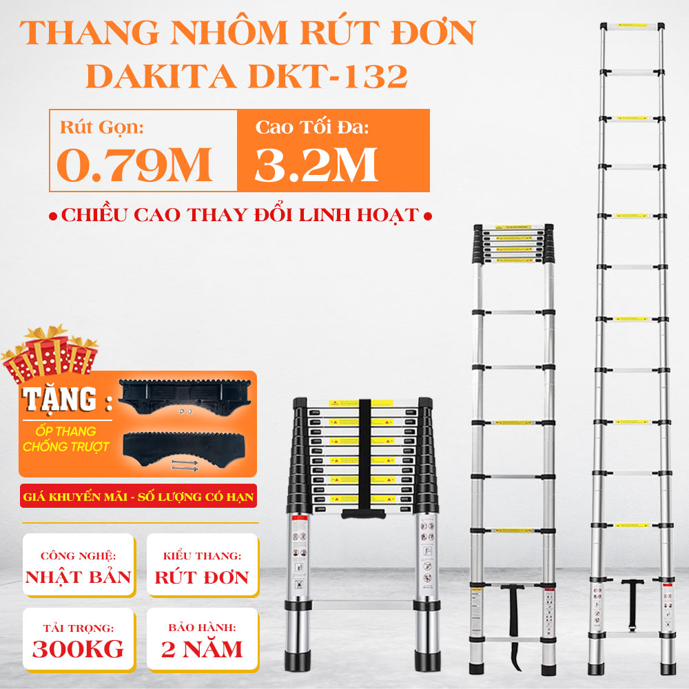 Thang Nhôm Rút Đơn DAKITA DKT-132 [Cao tối đa 3.2m]