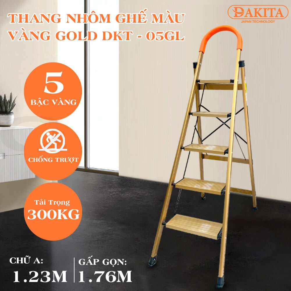 [SIÊU BỀN - TẢI LỚN] Thang nhôm ghế DAKITA DKT-05GL – Chữ A 1.23m [NHẸ - DỄ XÀI - BẬC THANG TO]