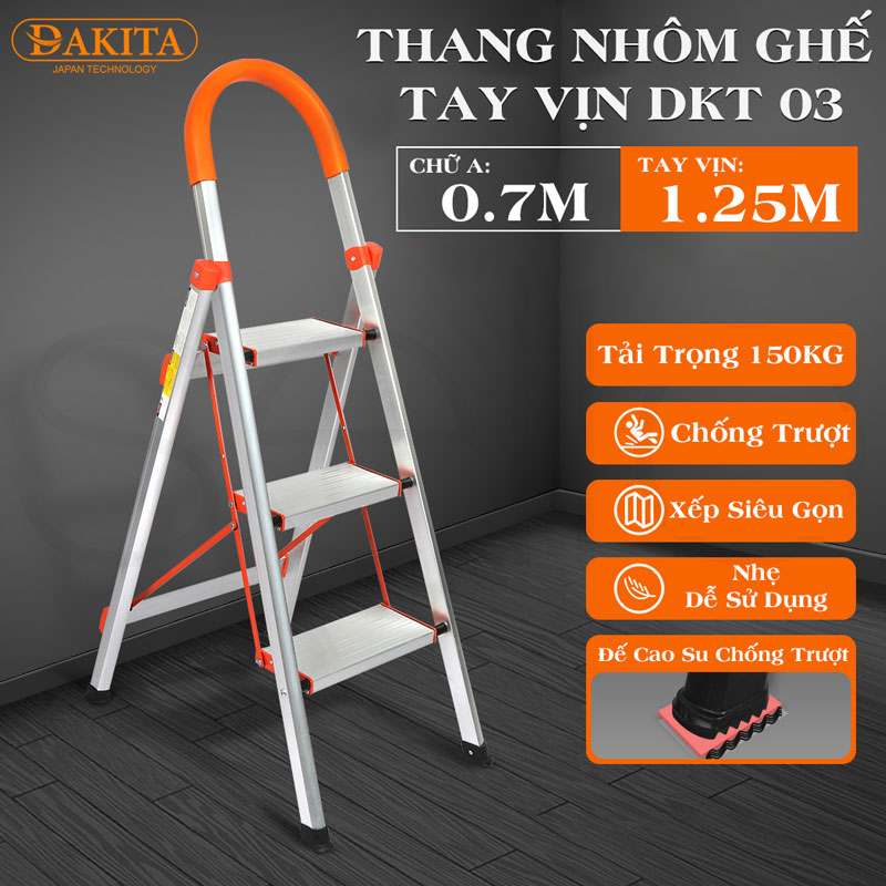 Thang nhôm ghế DAKITA DKT03 – Chữ A 0.7m [NHẸ - DỄ XÀI - BẬC THANG TO]