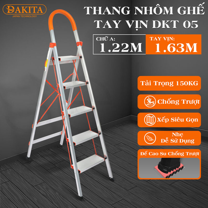 Thang nhôm ghế DAKITA DKT05 – Chữ A 1.22m [NHẸ - DỄ XÀI - BẬC THANG TO]