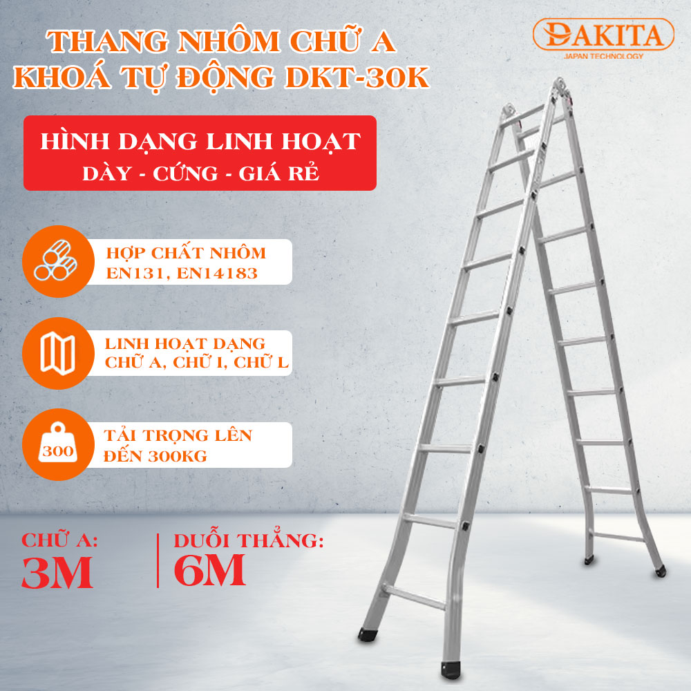 Thang Nhôm Chữ A Khóa Tự Động DAKITA DKT-30K [ THANG DÀY CỨNG DUỖI 6M]