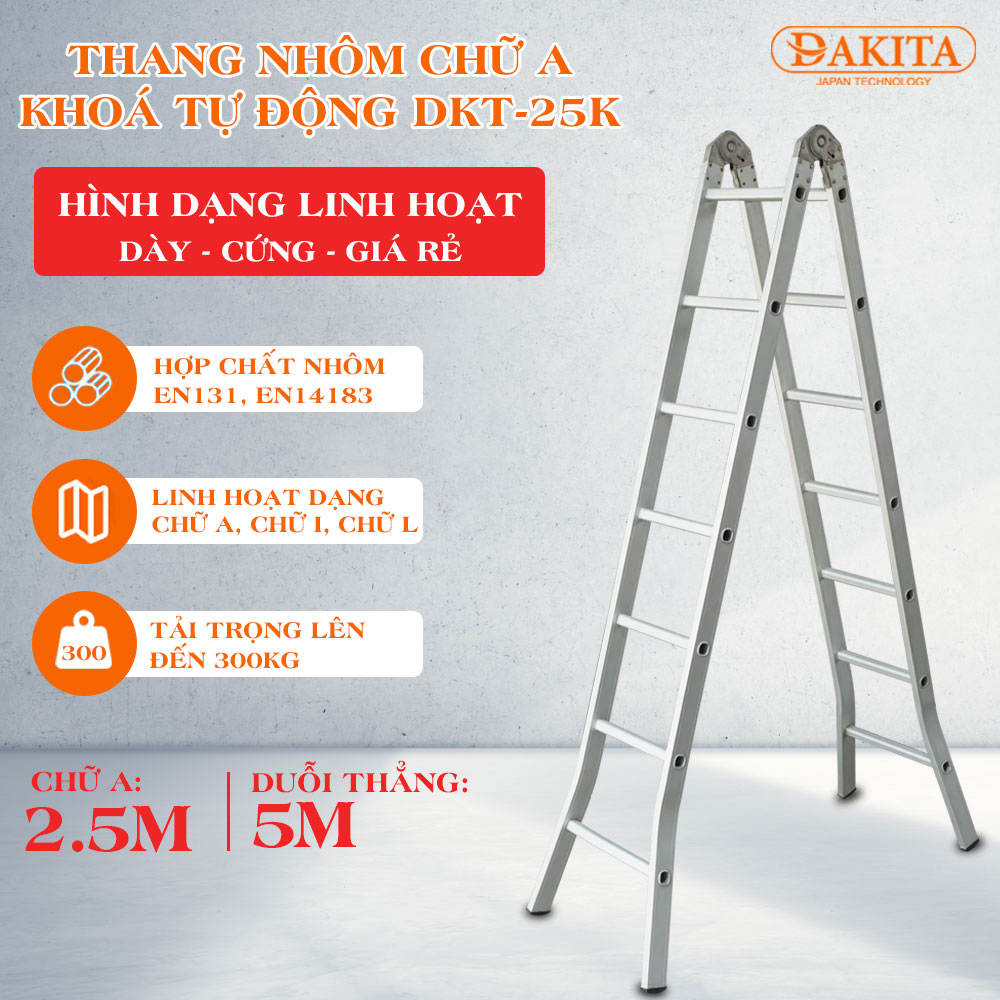 Thang Nhôm Chữ A Khóa Tự Động DAKITA DKT-25K [ NHÔM DÀY - CỨNG KHÔNG RUNG LẮC]