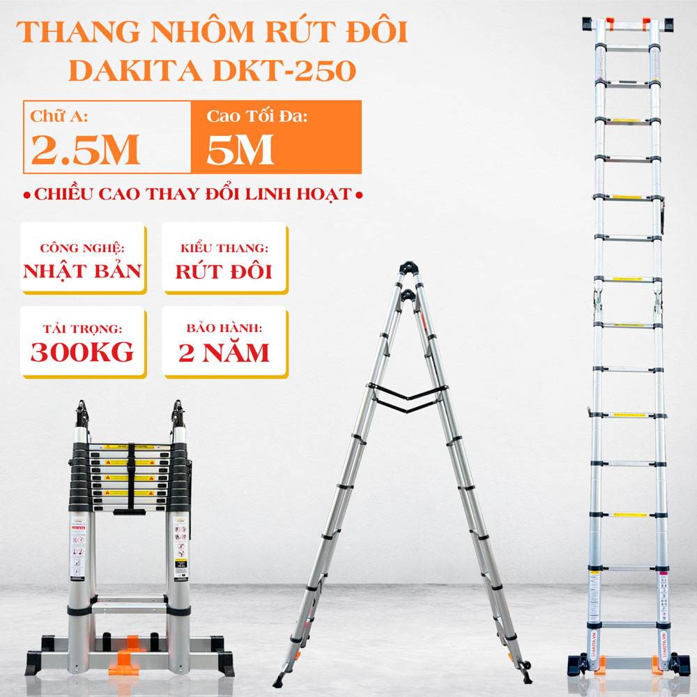 Thang nhôm rút đôi chữ A DAKITA DKT-250 [Chữ A: 2.5m Duỗi 5m]